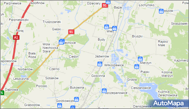 mapa Jadwinów gmina Gorzkowice, Jadwinów gmina Gorzkowice na mapie Targeo