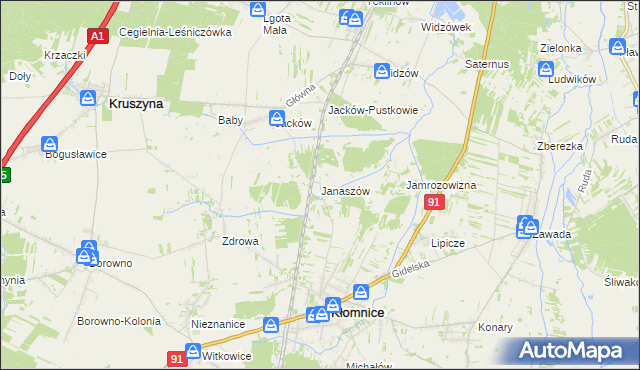 mapa Janaszów gmina Kłomnice, Janaszów gmina Kłomnice na mapie Targeo