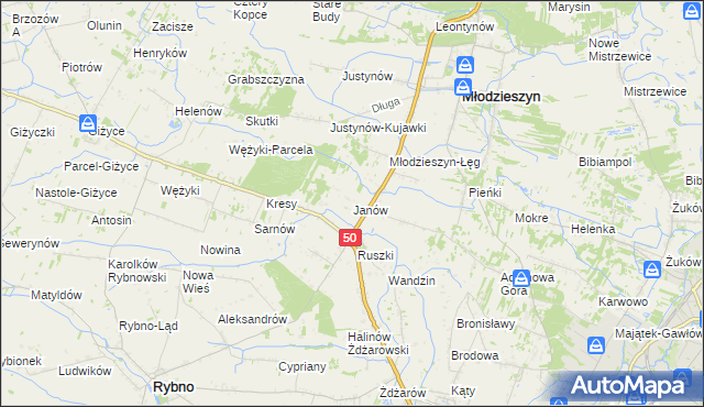 mapa Janów gmina Młodzieszyn, Janów gmina Młodzieszyn na mapie Targeo