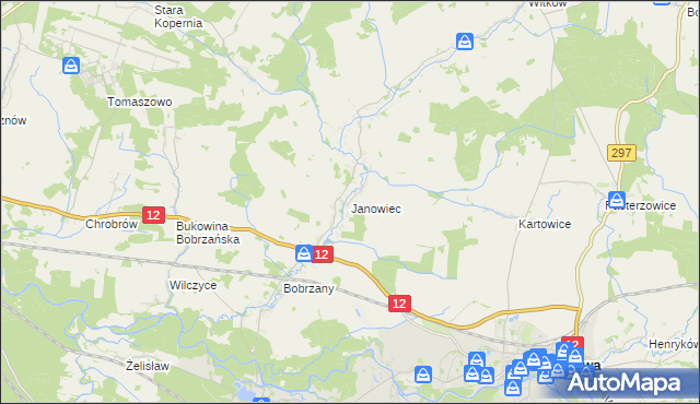 mapa Janowiec gmina Małomice, Janowiec gmina Małomice na mapie Targeo