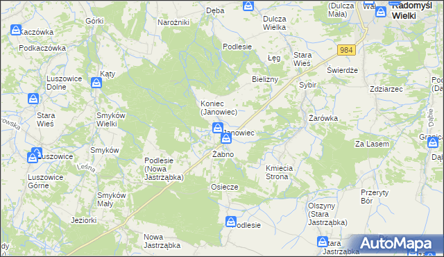 mapa Janowiec gmina Radomyśl Wielki, Janowiec gmina Radomyśl Wielki na mapie Targeo