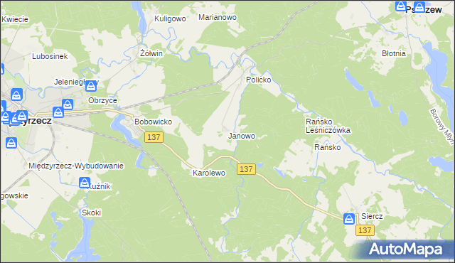 mapa Janowo gmina Pszczew, Janowo gmina Pszczew na mapie Targeo