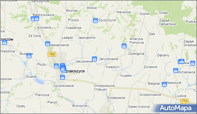 mapa Januszowice gmina Działoszyce, Januszowice gmina Działoszyce na mapie Targeo