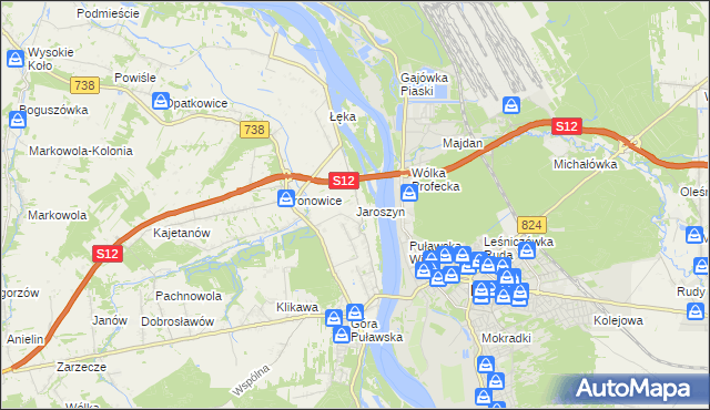 mapa Jaroszyn gmina Puławy, Jaroszyn gmina Puławy na mapie Targeo
