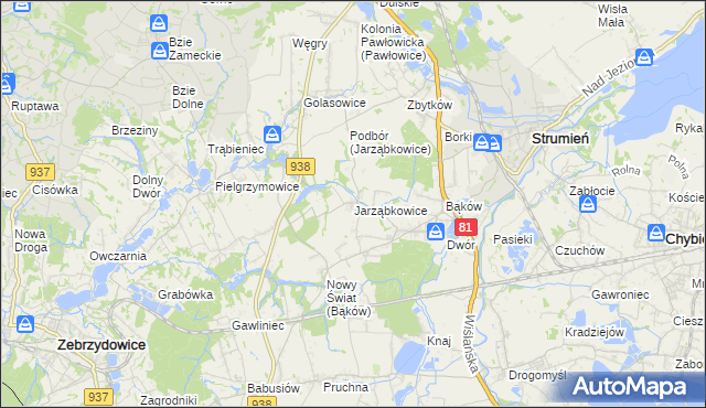mapa Jarząbkowice gmina Pawłowice, Jarząbkowice gmina Pawłowice na mapie Targeo