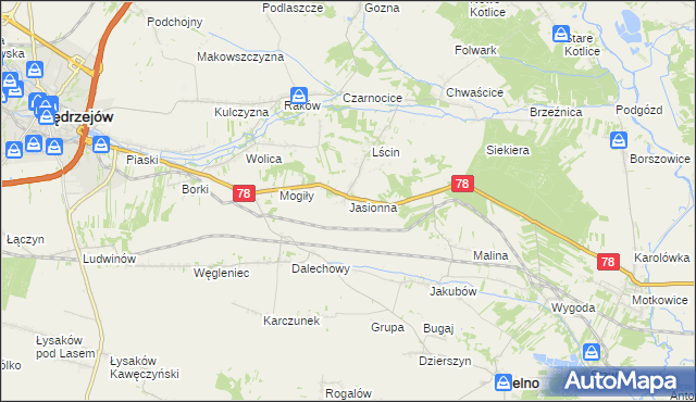 mapa Jasionna gmina Jędrzejów, Jasionna gmina Jędrzejów na mapie Targeo