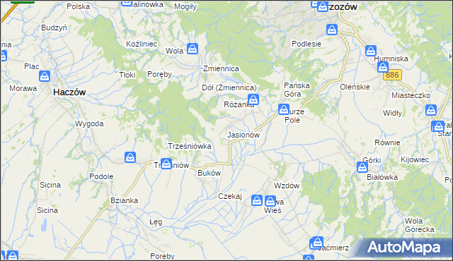 mapa Jasionów gmina Haczów, Jasionów gmina Haczów na mapie Targeo