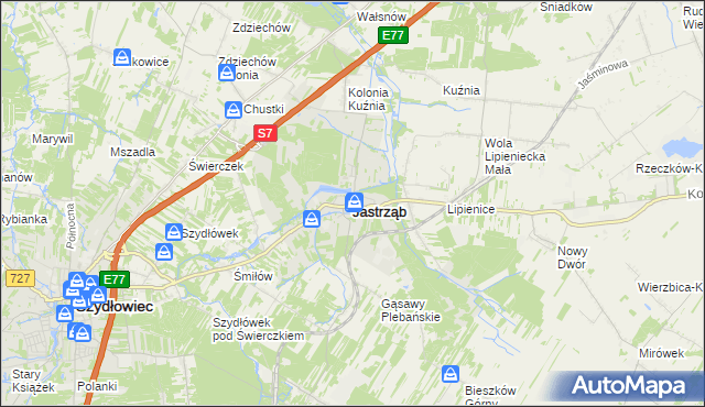 mapa Jastrząb powiat szydłowiecki, Jastrząb powiat szydłowiecki na mapie Targeo