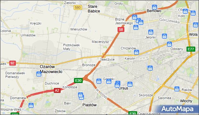 mapa Jawczyce gmina Ożarów Mazowiecki, Jawczyce gmina Ożarów Mazowiecki na mapie Targeo