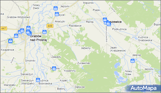 mapa Jaźwiny gmina Kraszewice, Jaźwiny gmina Kraszewice na mapie Targeo
