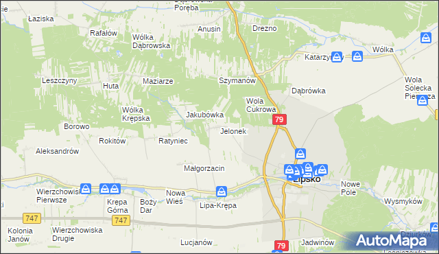 mapa Jelonek gmina Lipsko, Jelonek gmina Lipsko na mapie Targeo