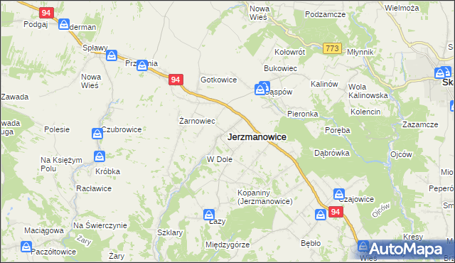 mapa Jerzmanowice gmina Jerzmanowice-Przeginia, Jerzmanowice gmina Jerzmanowice-Przeginia na mapie Targeo