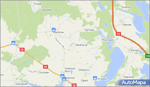 mapa Jezierzyce gmina Myślibórz, Jezierzyce gmina Myślibórz na mapie Targeo