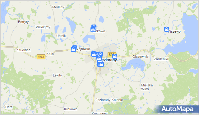 mapa Jeziorany powiat olsztyński, Jeziorany powiat olsztyński na mapie Targeo