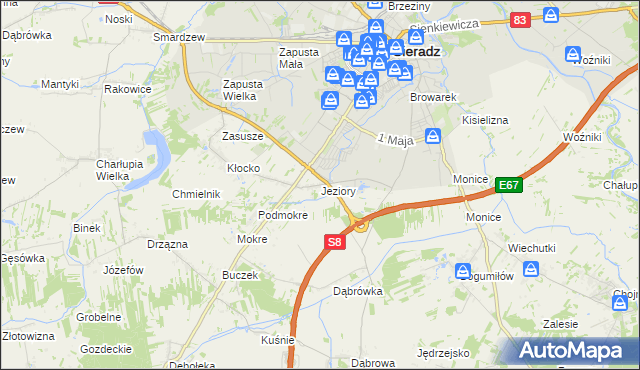 mapa Jeziory gmina Sieradz, Jeziory gmina Sieradz na mapie Targeo