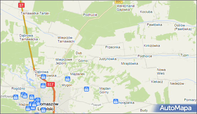 mapa Justynówka gmina Tomaszów Lubelski, Justynówka gmina Tomaszów Lubelski na mapie Targeo