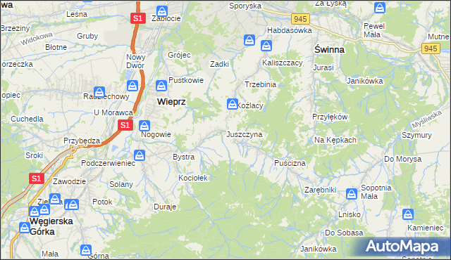 mapa Juszczyna, Juszczyna na mapie Targeo