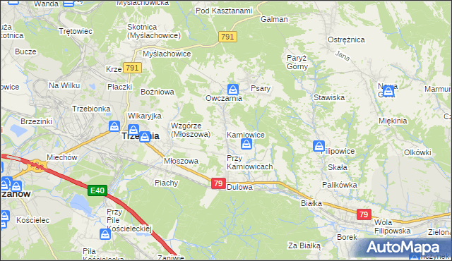 mapa Karniowice gmina Trzebinia, Karniowice gmina Trzebinia na mapie Targeo