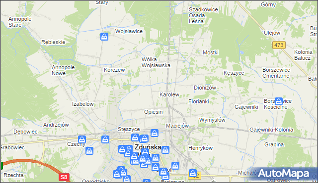 mapa Karolew gmina Zduńska Wola, Karolew gmina Zduńska Wola na mapie Targeo