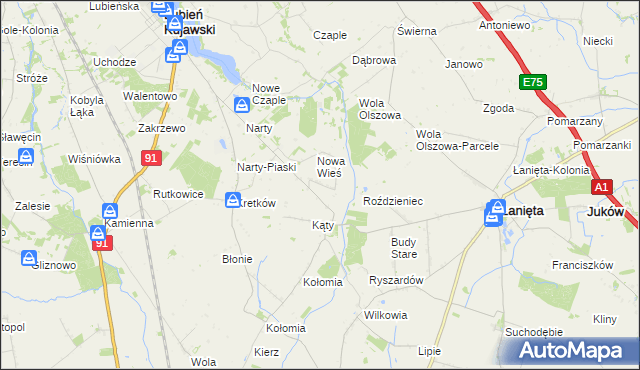 mapa Kąty gmina Lubień Kujawski, Kąty gmina Lubień Kujawski na mapie Targeo