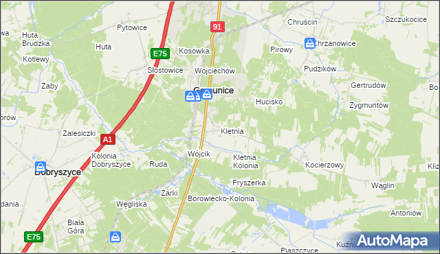 mapa Kletnia gmina Gomunice, Kletnia gmina Gomunice na mapie Targeo