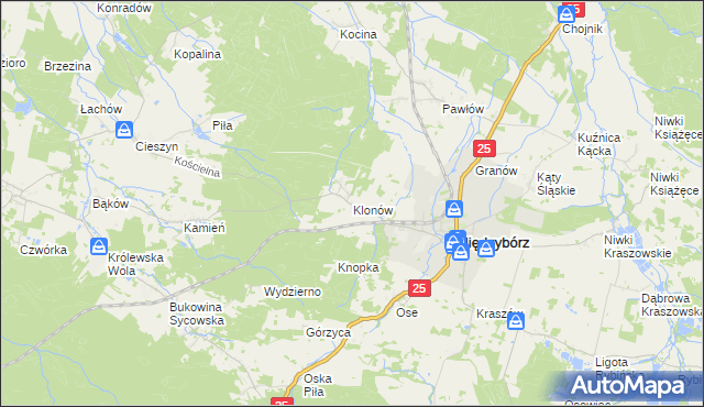 mapa Klonów gmina Międzybórz, Klonów gmina Międzybórz na mapie Targeo