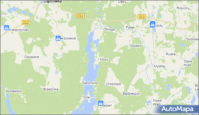 mapa Kłosy gmina Czarna Dąbrówka, Kłosy gmina Czarna Dąbrówka na mapie Targeo