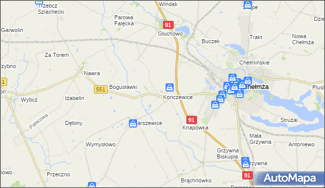 mapa Kończewice gmina Chełmża, Kończewice gmina Chełmża na mapie Targeo