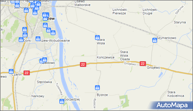 mapa Kończewice gmina Miłoradz, Kończewice gmina Miłoradz na mapie Targeo