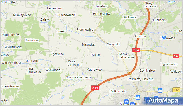 mapa Konin gmina Pabianice, Konin gmina Pabianice na mapie Targeo