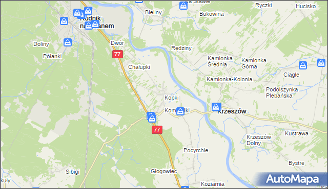 mapa Kopki gmina Rudnik nad Sanem, Kopki gmina Rudnik nad Sanem na mapie Targeo