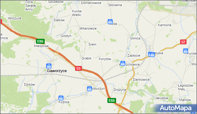 mapa Korytów gmina Gaworzyce, Korytów gmina Gaworzyce na mapie Targeo