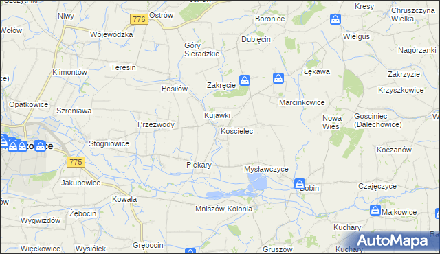 mapa Kościelec gmina Proszowice, Kościelec gmina Proszowice na mapie Targeo