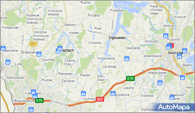 mapa Kostkowice gmina Dębowiec, Kostkowice gmina Dębowiec na mapie Targeo