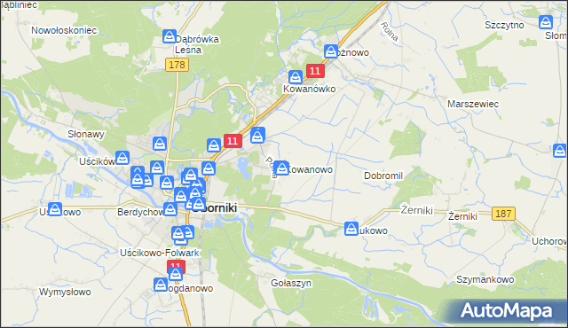 mapa Kowanowo gmina Oborniki, Kowanowo gmina Oborniki na mapie Targeo