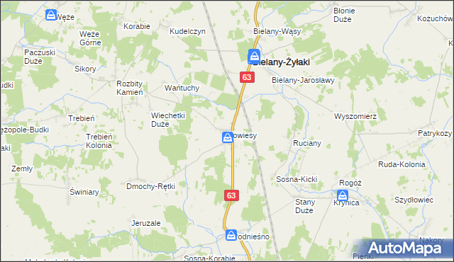 mapa Kowiesy gmina Bielany, Kowiesy gmina Bielany na mapie Targeo