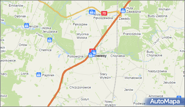 mapa Kowiesy powiat skierniewicki, Kowiesy powiat skierniewicki na mapie Targeo