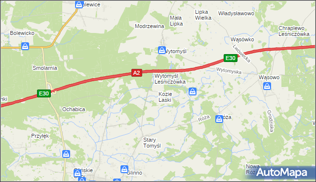 mapa Kozie Laski gmina Nowy Tomyśl, Kozie Laski gmina Nowy Tomyśl na mapie Targeo