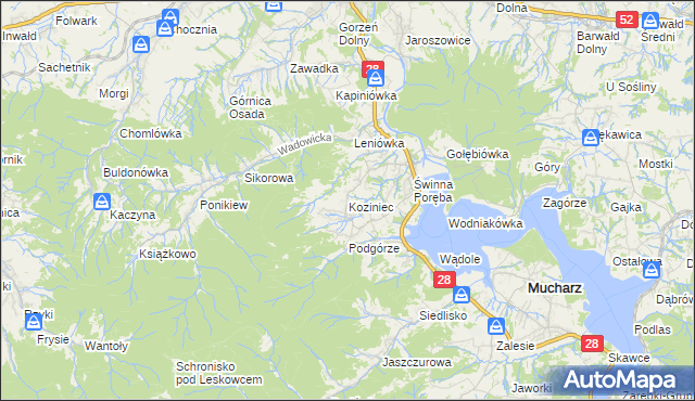 mapa Koziniec gmina Mucharz, Koziniec gmina Mucharz na mapie Targeo