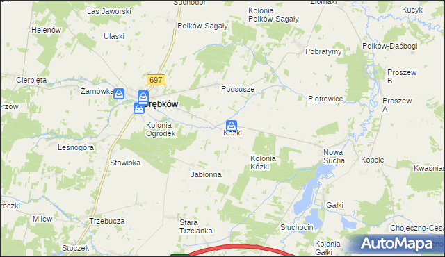 mapa Kózki gmina Grębków, Kózki gmina Grębków na mapie Targeo