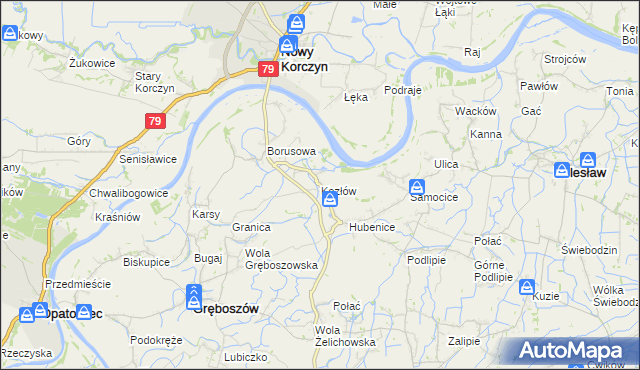 mapa Kozłów gmina Gręboszów, Kozłów gmina Gręboszów na mapie Targeo