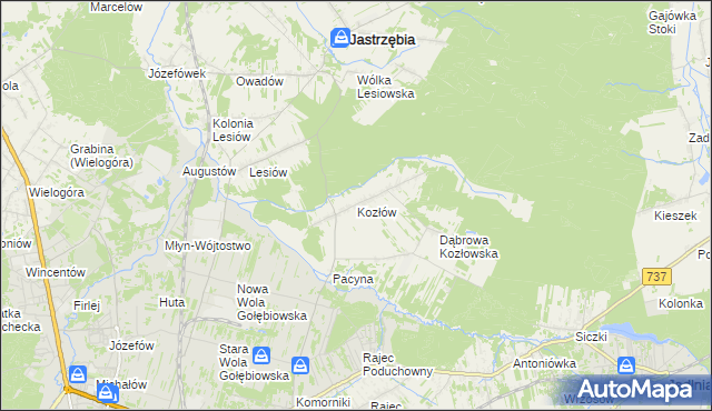 mapa Kozłów gmina Jastrzębia, Kozłów gmina Jastrzębia na mapie Targeo