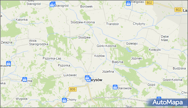 mapa Kozłów gmina Parysów, Kozłów gmina Parysów na mapie Targeo