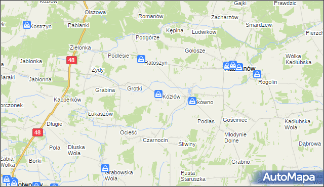 mapa Kozłów gmina Radzanów, Kozłów gmina Radzanów na mapie Targeo