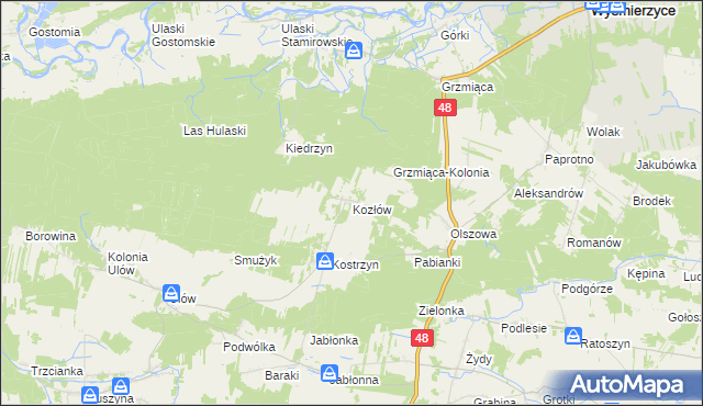 mapa Kozłów gmina Wyśmierzyce, Kozłów gmina Wyśmierzyce na mapie Targeo