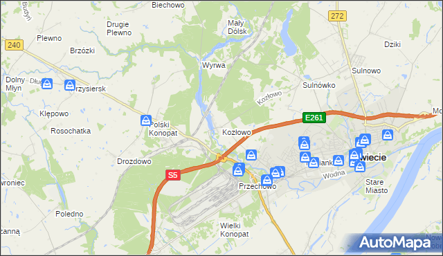 mapa Kozłowo gmina Świecie, Kozłowo gmina Świecie na mapie Targeo