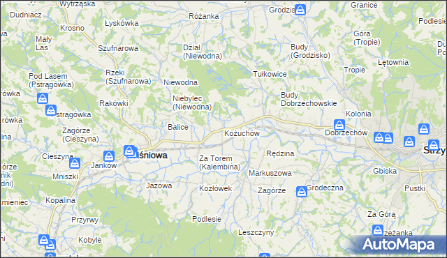 mapa Kożuchów gmina Wiśniowa, Kożuchów gmina Wiśniowa na mapie Targeo