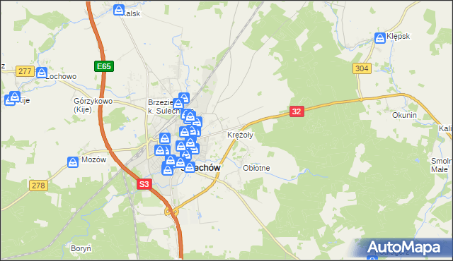 mapa Krężoły gmina Sulechów, Krężoły gmina Sulechów na mapie Targeo