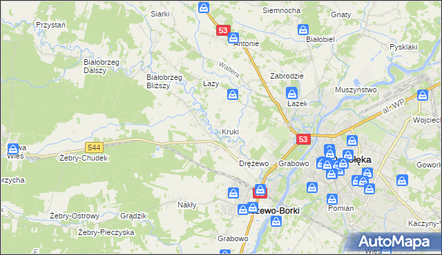 mapa Kruki gmina Olszewo-Borki, Kruki gmina Olszewo-Borki na mapie Targeo