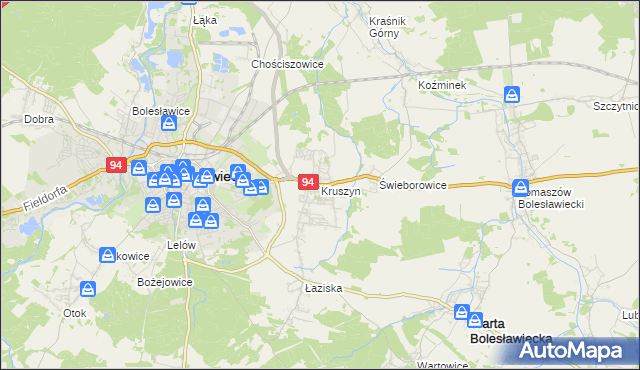 mapa Kruszyn gmina Bolesławiec, Kruszyn gmina Bolesławiec na mapie Targeo